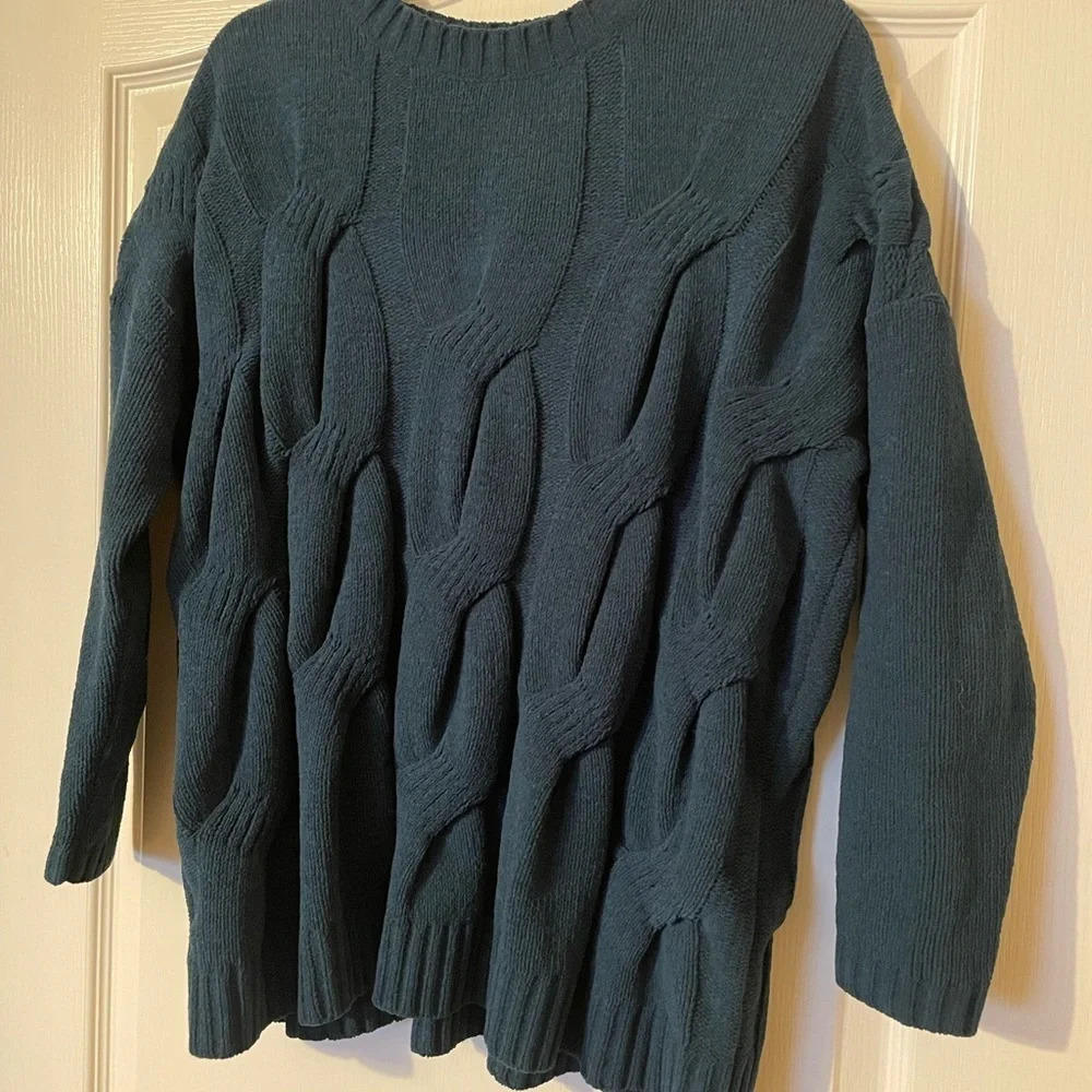 J. Jill Size S Chenille Teal Peacock Chunky Cable Knit Sweater Pullover Knit Top - Picture 3 of 7